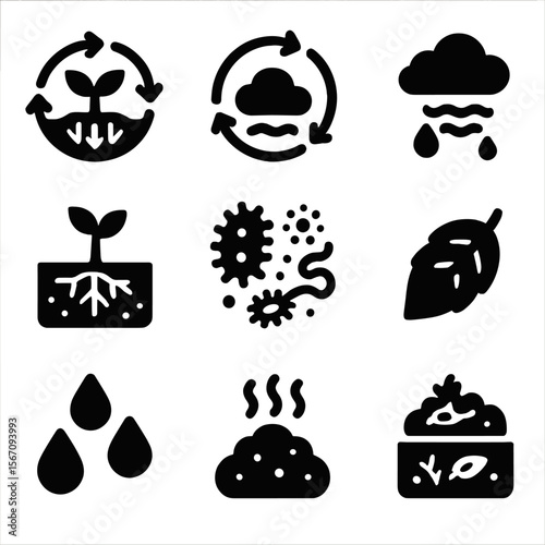 Nutrient Cycles Icons. Solid, filled icon set of nutrient cycles: nitrogen cycle, carbon cycle, water cycle, soil, plant roots,