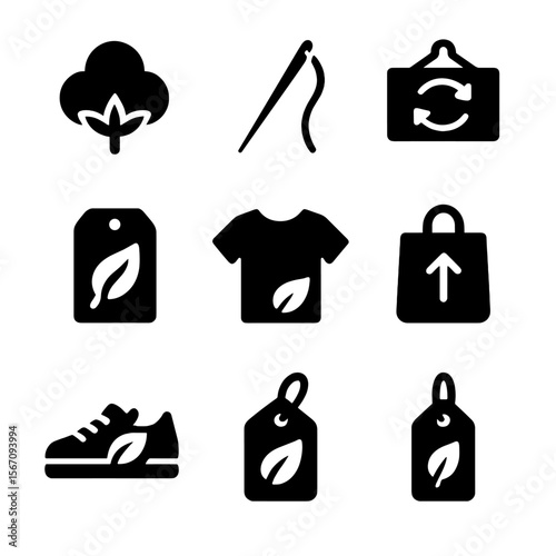 Sustainable Fashion Icons. Solid, filled icon set of sustainable fashion: organic cotton, repair needle, thrift store, swap icon,