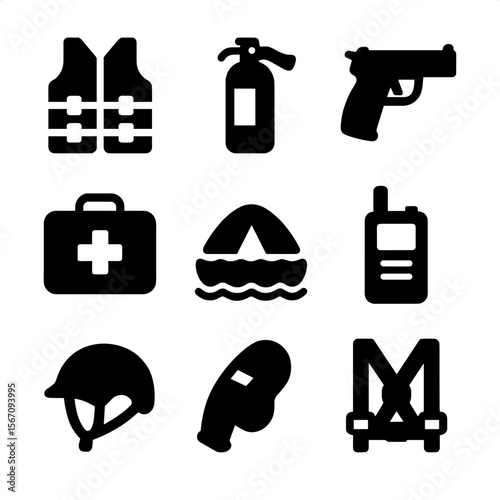 Ocean Safety Gear Icons. Solid, filled icon set of safety gear for ocean sailing: life jacket, fire extinguisher, flare gun, first