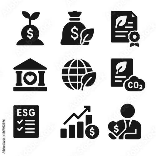 Sustainable Finance Icons. Solid, filled icon set of sustainable finance: green investment, eco fund, impact bond, ethical banking