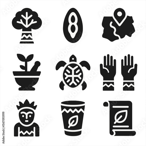 Indigenous Knowledge Icons. Solid, filled icons set of indigenous knowledge and biodiversity: tribal tree,