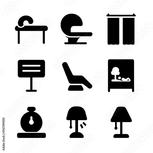 Office Nap Icons. Solid, filled icon set of office nap setups: desk pillow, nap pod, curtain divider, sign “on break”, power nap