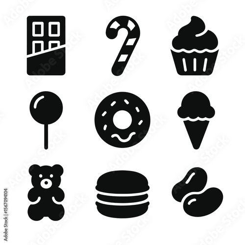 Sweet Treats Icons. Solid, filled icon set of sweets and treats: chocolate bar, candy cane, cupcake, lollipop, doughnut, ice cream