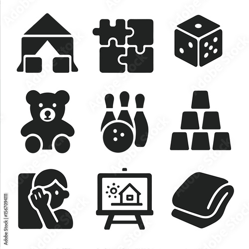 Indoor Rainy Day Games. Solid, filled icons set of indoor rainy day games: pillow fort, puzzle pieces, dice