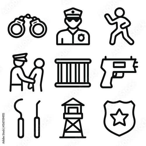 Security Icon Set. Solid, filled icon set of restraint and control: handcuffs, security guard, defensive stance, arresting, crowd