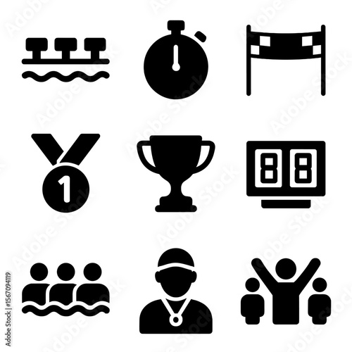 Swimming Competition Icons. Solid, filled icon set of swimming competition elements: starting blocks, stopwatch, finish line,