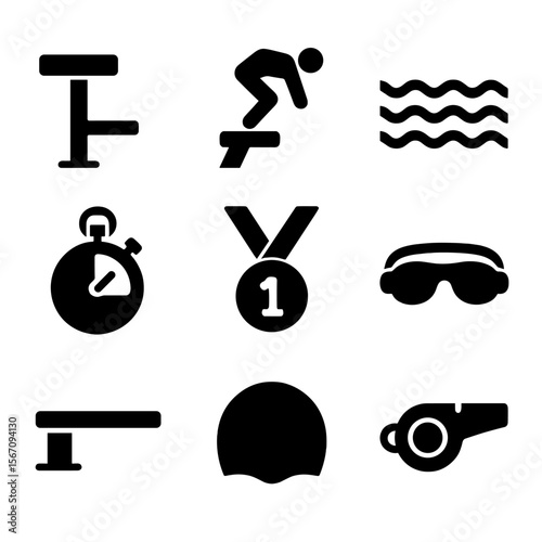 Swimming Competition Icons. Solid, filled icon set of swimming and diving competitions: starting block, swimmer diving, swimming