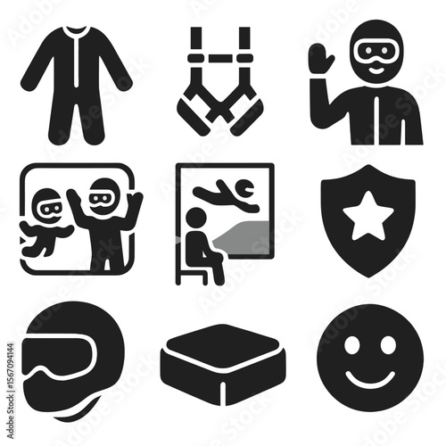 Indoor Skydiving Icons. Solid, filled icons set of indoor skydiving for kids and beginners: child flight suit,