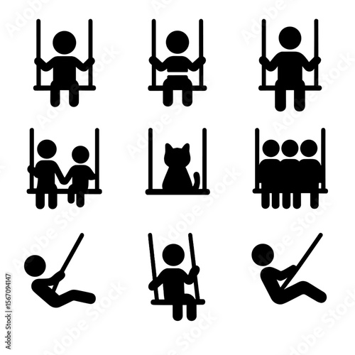 Swing Icon Set. Solid, filled icon set of Swing user types: child, toddler, adult, family, pet, group, solo swinger, beginner,
