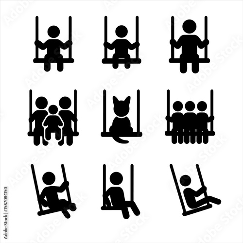 Swing Icon Set. Solid, filled icon set of Swing user types: child, toddler, adult, family, pet, group, solo swinger, beginner,