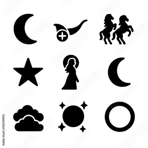 Selene's Night Journey. Solid, filled icon set of Selene’s chariot: moon, chariot, horses, night sky, stars, crescent, clouds,