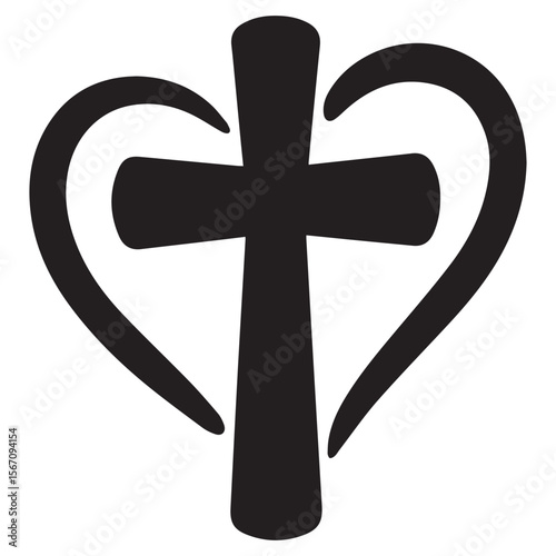 Christian cross symbol embraced by a heart shape outline