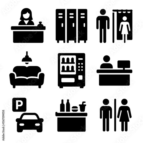 Indoor Skydiving Amenities Icons. Solid, filled icons set of indoor skydiving centers amenities: reception