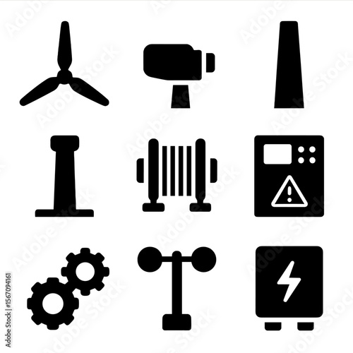Offshore Wind Icons. Solid, filled icon set of offshore wind energy components: rotor blades, nacelle, tower section, foundation