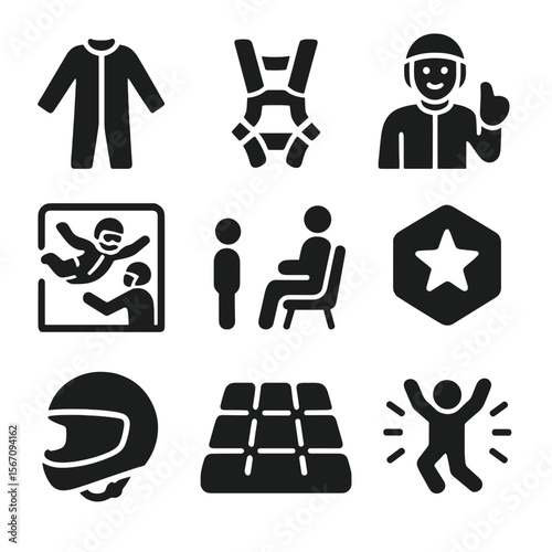Indoor Skydiving Icons. Solid, filled icons set of indoor skydiving for kids and beginners: child flight suit,