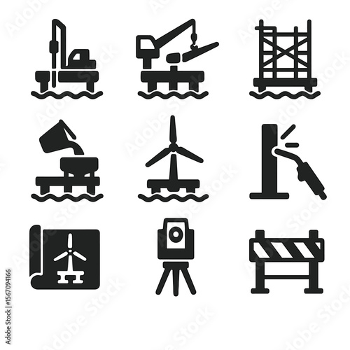 Offshore Wind Construction Icons. Solid, filled icon set of offshore wind platform construction phases: pile driving rig, crane