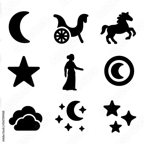 Selene's Night Journey. Solid, filled icon set of Selene’s chariot: moon, chariot, horses, night sky, stars, crescent, clouds,