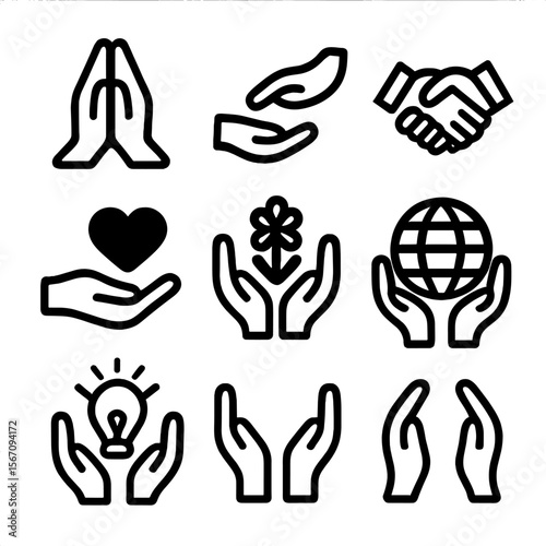 Symbolic Hands Icon Set. Solid, filled icon set of symbolic hands: praying hands, helping hand, handshake agreement, heart holding