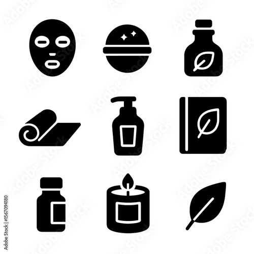 Self-Care Icon Set. Solid, filled icon set of self-care activities: face mask, bath bomb, aromatherapy bottle, yoga mat, body