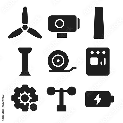 Offshore Wind Icons. Solid, filled icon set of offshore wind energy components: rotor blades, nacelle, tower section, foundation