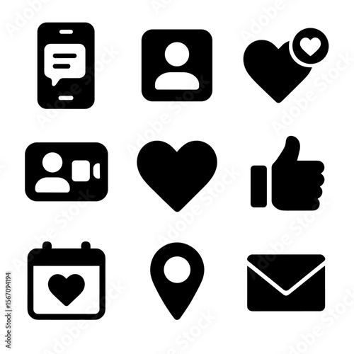 Online Dating Icons. Solid, filled icon set of online dating: smartphone with chat, profile picture, match notification, video
