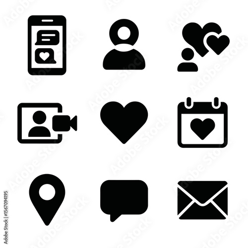 Online Dating Icons. Solid, filled icon set of online dating: smartphone with chat, profile picture, match notification, video