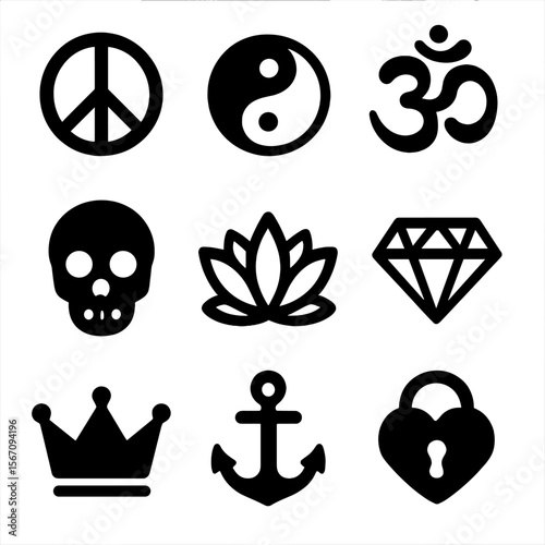 Symbolic Tattoo Icons. Solid, filled icon set of tiny symbolic tattoos: peace sign, yin yang, om symbol, skull, lotus, diamond,