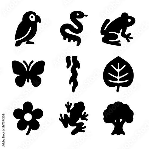 Orangutan Habitat Icons. Solid, filled icon set of orangutan habitat flora and fauna: tropical bird, snake, frog, butterfly, liana