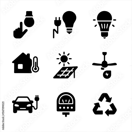 Icon Sets Overview. Solid, filled icon set of energy conservation actions: switching off lights, unplugging devices, using LED