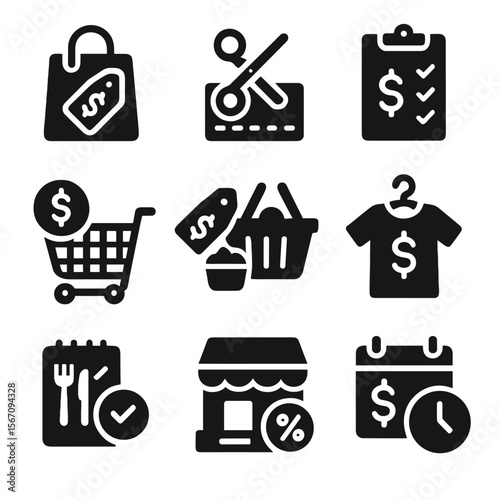Inflation Response Icons. Solid, filled icons set of consumer responses to inflation: bargain shopping, coupon