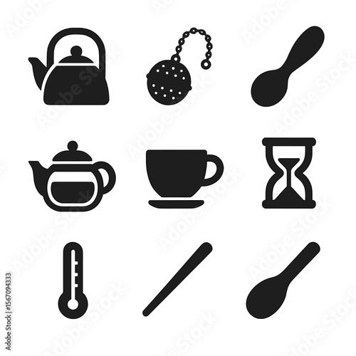 Tea Brewing Icons. Solid, filled icon set of tea brewing tools: tea kettle, infuser ball, strainer, glass teapot, ceramic cup,