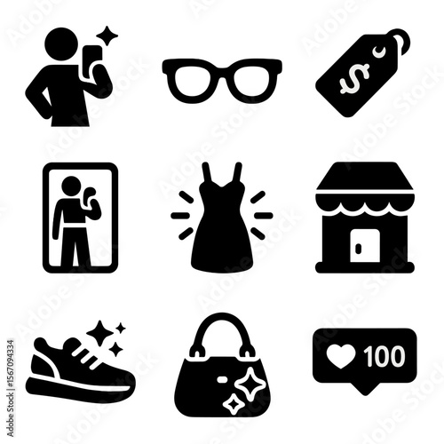 Influencer Fashion Icons. Solid, filled icons set of influencer fashion must-haves: selfie pose, trendy
