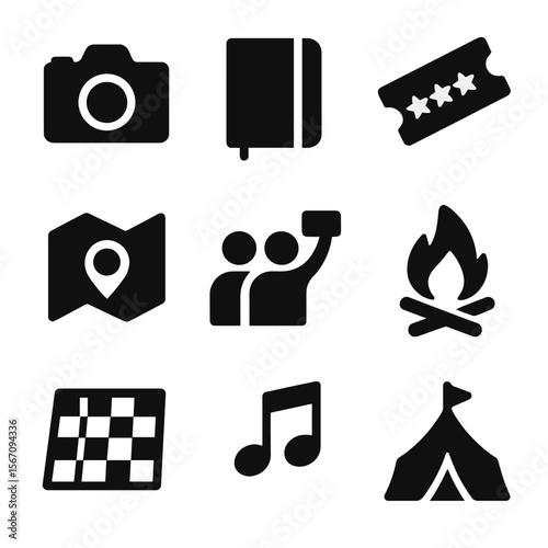 Shared Experiences Icons. Solid, filled icon set of shared experiences: camera, journal, concert ticket, travel map, group selfie,