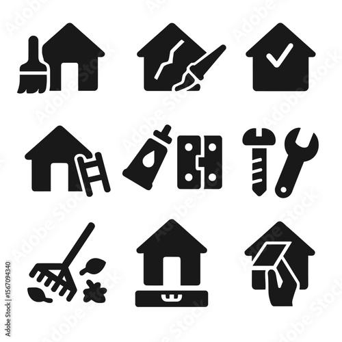 Shed Maintenance Icons. Solid, filled icon set of maintenance tasks for a shed: painting, sealing cracks, checking roof, cleaning