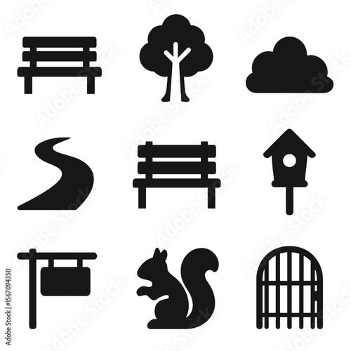 Outdoor Icon Set. Solid, filled icon set of outdoor relaxation spots: wooden bench, leafy tree, bush, walking path, bench with