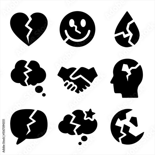 Shattered Emotions Icons. Solid, filled icon set of shattered emotions: broken heart, cracked smile, shattered tears, fragmented