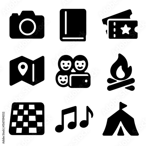 Shared Experiences Icons. Solid, filled icon set of shared experiences: camera, journal, concert ticket, travel map, group selfie,