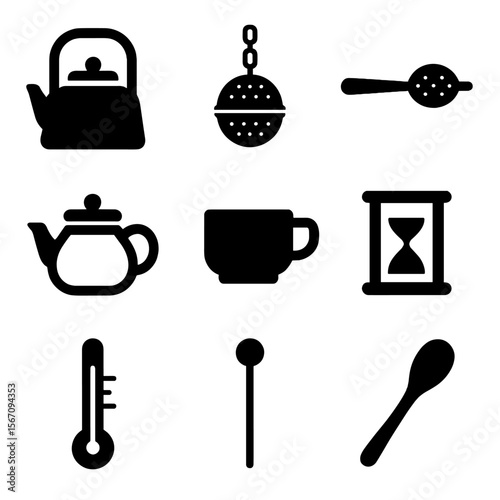 Tea Brewing Icons. Solid, filled icon set of tea brewing tools: tea kettle, infuser ball, strainer, glass teapot, ceramic cup,