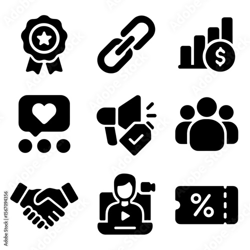 Influencer Marketing Icons. Solid, filled icons set of influencer and affiliate marketing: influencer badge,