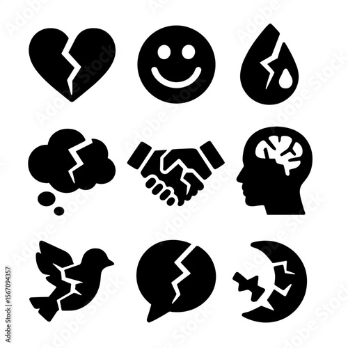 Shattered Emotions Icons. Solid, filled icon set of shattered emotions: broken heart, cracked smile, shattered tears, fragmented