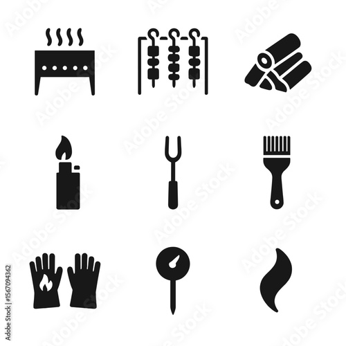 Shashlik Cooking Icons. Solid, filled icon set of shashlik cooking tools: grill, skewer holder, firewood, lighter, barbecue fork,
