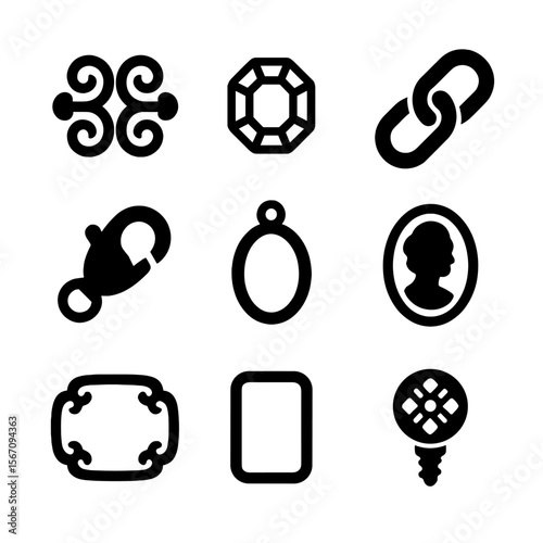 Ornate Jewelry Icon Set. Solid, filled icon set of ornate jewelry settings: filigree, gemstone setting, chain link, clasp, pendant