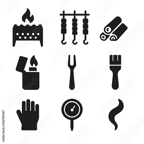 Shashlik Cooking Icons. Solid, filled icon set of shashlik cooking tools: grill, skewer holder, firewood, lighter, barbecue fork,