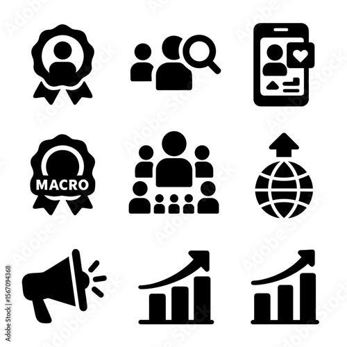 Influencer Impact Icons. Solid, filled icons set of micro vs macro influencer impact: micro badge, niche