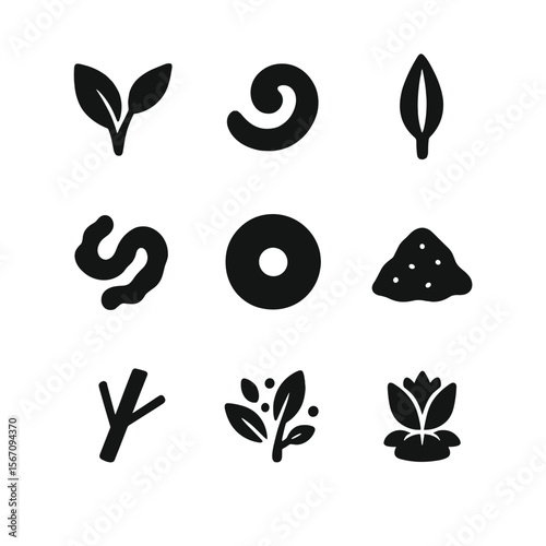 Tea Icon Grid. Solid, filled icon set of tea types and varieties: green tea leaf, black tea curl, white tea bud, oolong twist,