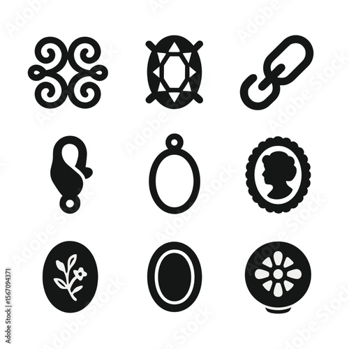 Ornate Jewelry Icon Set. Solid, filled icon set of ornate jewelry settings: filigree, gemstone setting, chain link, clasp, pendant