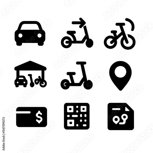 Shared Mobility Icons. Solid, filled icon set of shared urban mobility services: car sharing, scooter sharing, bike sharing,