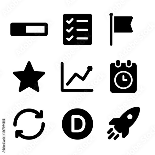 Task Tracking Icons. Solid, filled icon set of task and goal tracking: progress bar, checkmark list, goal flag, milestone star,