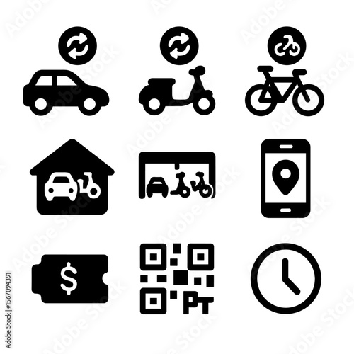 Shared Mobility Icons. Solid, filled icon set of shared urban mobility services: car sharing, scooter sharing, bike sharing,