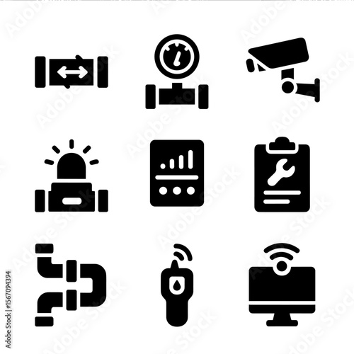 Sewer Monitoring Icons. Solid, filled icon set of sewer system monitoring: flow sensor, pressure gauge, CCTV inspection, alarm